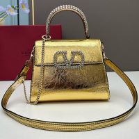 Valentino Small Vsling Handbag with Rhinestones Embroidered Handle and Logo In Calfskin Gold