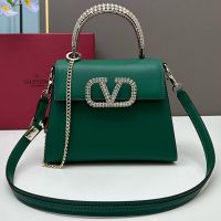Valentino Small Vsling Handbag with Rhinestones Embroidered Handle and Logo In Calfskin Green