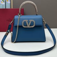 Valentino Small Vsling Handbag with Rhinestones Embroidered Handle and Logo In Calfskin Navy Blue