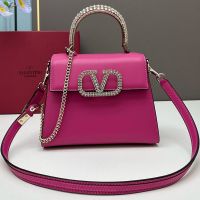 Valentino Small Vsling Handbag with Rhinestones Embroidered Handle and Logo In Calfskin Rose