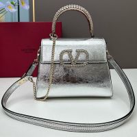 Valentino Small Vsling Handbag with Rhinestones Embroidered Handle and Logo In Calfskin Silver