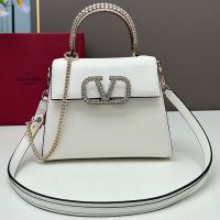 Valentino Small Vsling Handbag with Rhinestones Embroidered Handle and Logo In Calfskin White