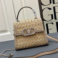 Valentino Small Vsling Handbag with Crystals Logo In Rhinestones Embroidered Raffia Beige