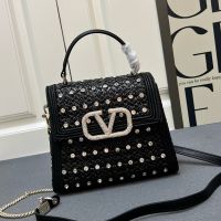 Valentino Small Vsling Handbag with Crystals Logo In Rhinestones Embroidered Raffia Black