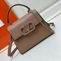 Valentino Small Vsling Handbag with Crystals Logo In Grained Calfskin Apricot