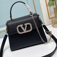 Valentino Small Vsling Handbag with Crystals Logo In Grained Calfskin Black