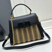 Valentino Small Vsling Handbag In Raffia And Leather Black