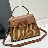 Valentino Small Vsling Handbag In Raffia And Leather Brown