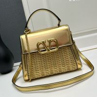 Valentino Small Vsling Handbag In Raffia And Leather Gold