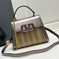 Valentino Small Vsling Handbag In Raffia And Leather Silver