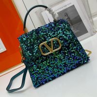 Valentino Small Vsling Handbag In Sequins Embroidered Calfskin Green/Blue