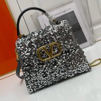 Valentino Small Vsling Handbag In Sequins Embroidered Calfskin Grey