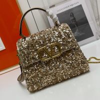 Valentino Small Vsling Handbag In Sequins Embroidered Calfskin Khaki