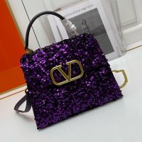 Valentino Small Vsling Handbag In Sequins Embroidered Calfskin Purple