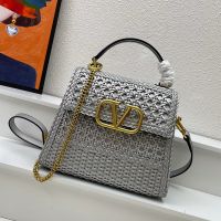 Valentino Small Vsling Handbag In Woven Calfskin Silver