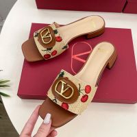 Valentino Vlogo Plaque Slides 20MM Women Cherryfic Motif Raffia Brown