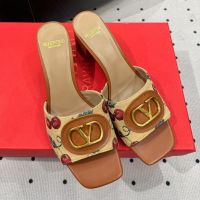 Valentino Vlogo Plaque Slides 60MM Women Cherryfic Motif Raffia Brown