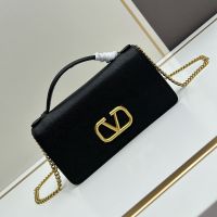Valentino Vlogo Signature Wallet with Chain Strap In Grainy Calfskin Black