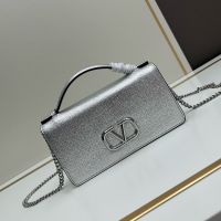 Valentino Vlogo Signature Wallet with Chain Strap In Grainy Calfskin Silver